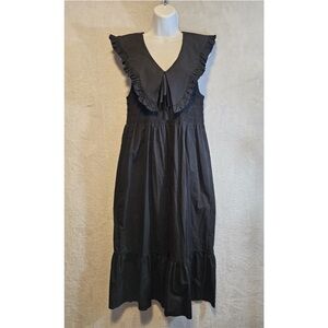 Topshop Black Maxi Midi Dress Tiered Ruffle Size 10 Smocked Bodice 100% Cotton